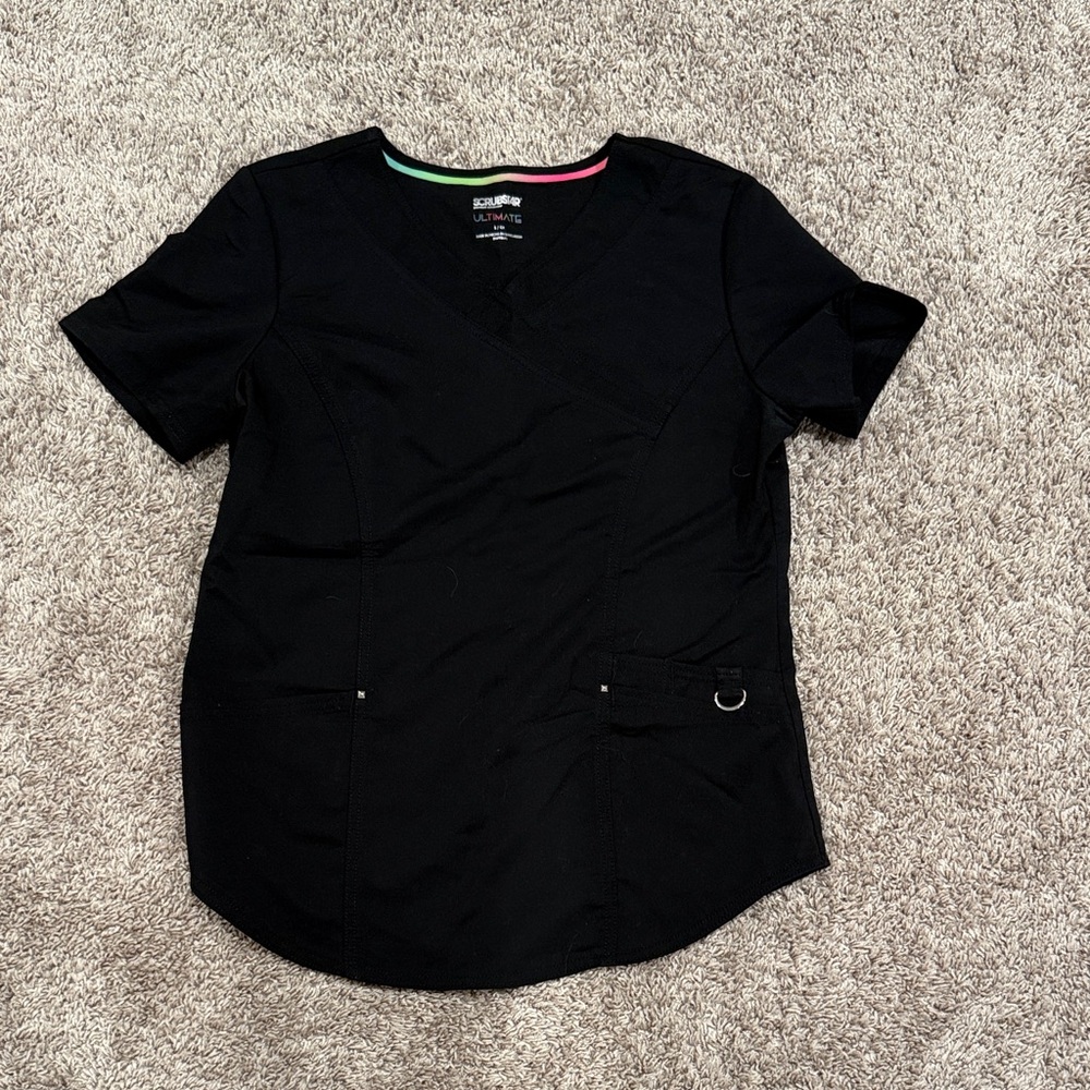 Scrub Star Black Short Sleeve V-Neck Scrub Top with Utility Ring